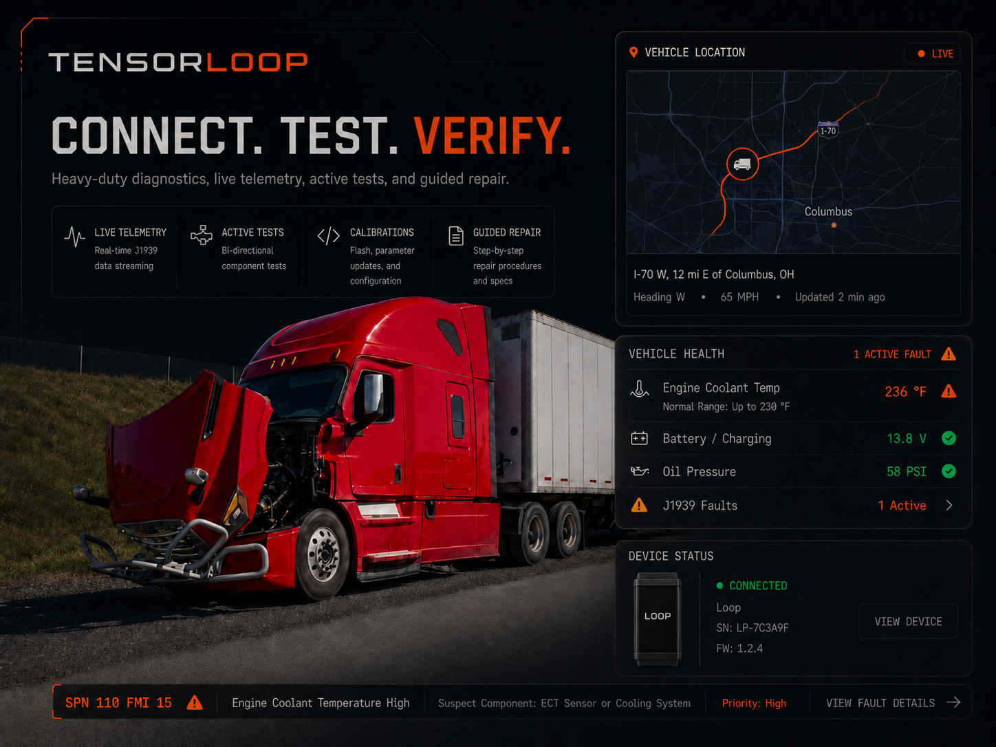 Loop live diagnostics on a KW T680: soot, EGT, DPF, fault SPN 3936, force regen.
